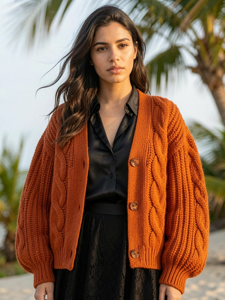 Jovem com cardigã laranja queimado de tricô grosso, blusa de seda preta e saia de renda, luz natural difusa destacando a textura do fio.
