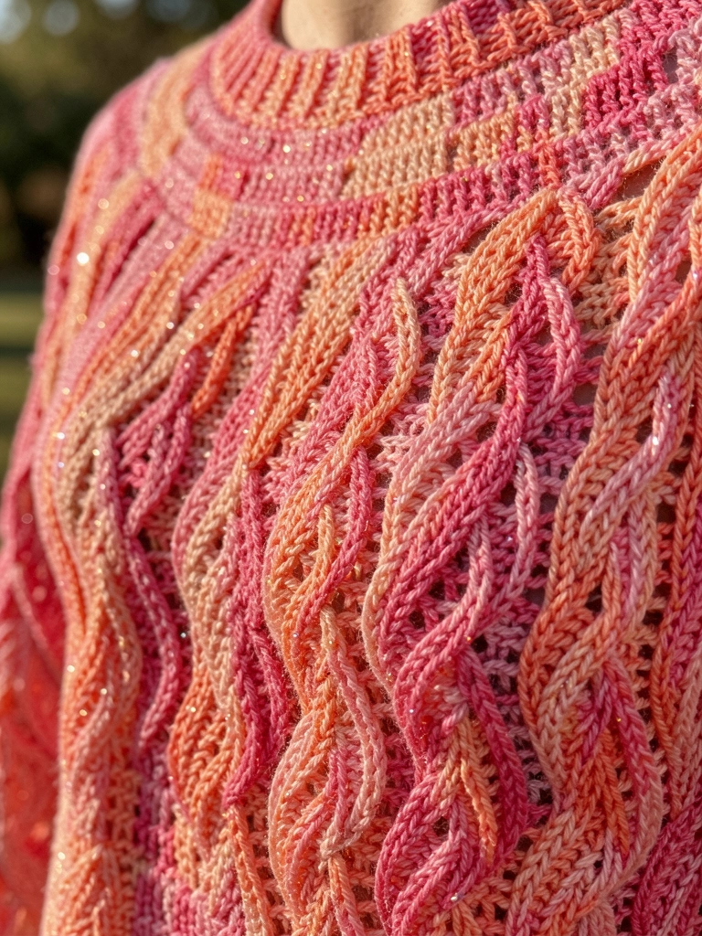 Blusa de crochê rosa coral com fios brilhantes e textura rendada sob luz natural, fundo desfocado ao ar livre.