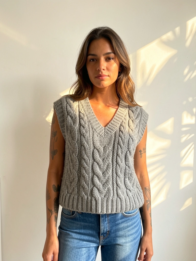 Jovem com colete de tricô cinza e detalhes trançados, jeans azul, luz natural difusa em parede branca.