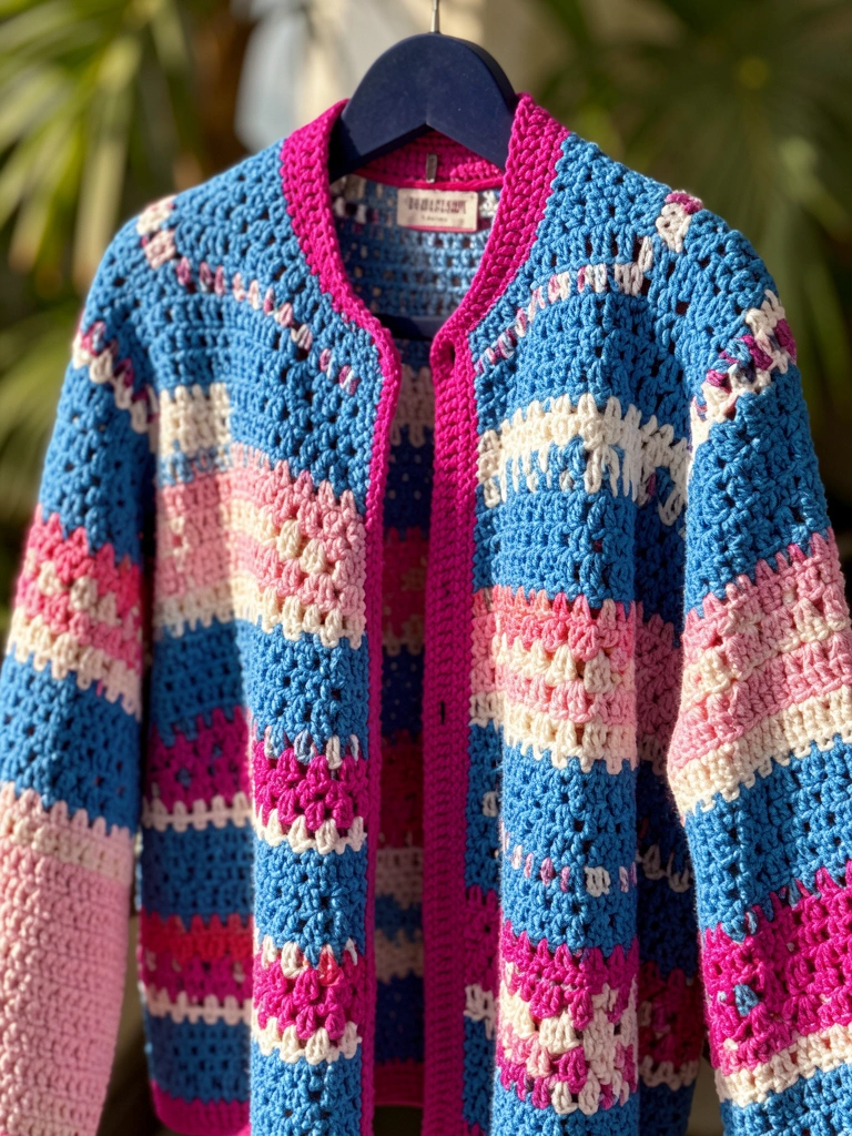 Jaqueta de crochê azul, rosa e branca pendurada em cabide escuro, com luz natural destacando a textura dos pontos.