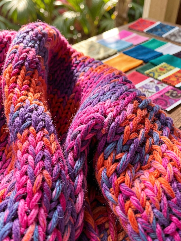 Suéter oversized tricotado à mão em tons vibrantes de rosa, roxo, laranja e azul, com fios grossos e texturizados, sobre fundo desfocado de amostras de tecido e luz solar difusa.