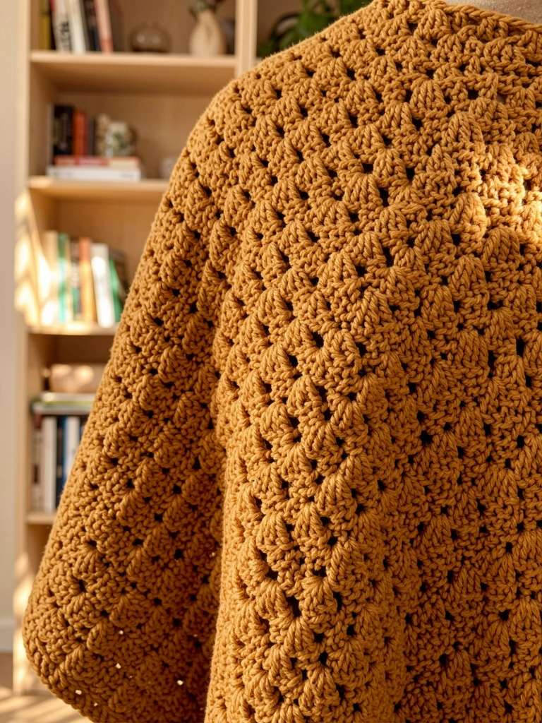 Poncho de crochê grosso em marrom dourado com pontos geométricos, sobre fundo de estante de madeira clara com livros desfocados.