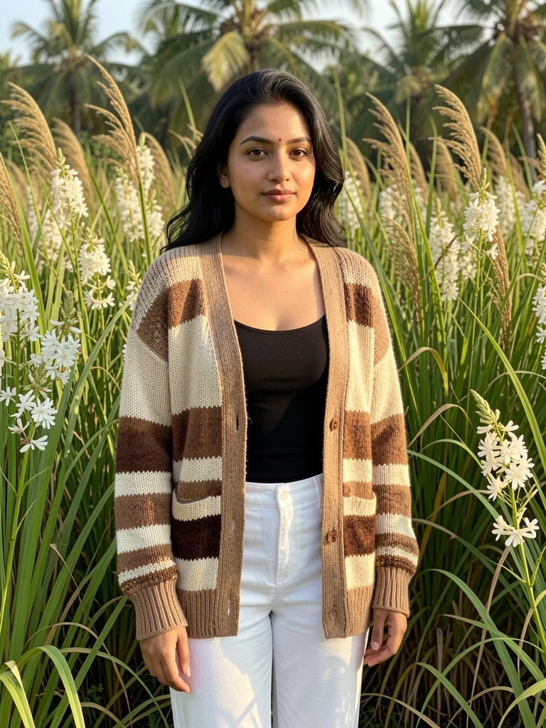 Mulher de cabelo escuro em campo com cardigã listrado bege e marrom, calça branca e camiseta preta, gramíneas altas e flores brancas ao redor, luz natural do dia.