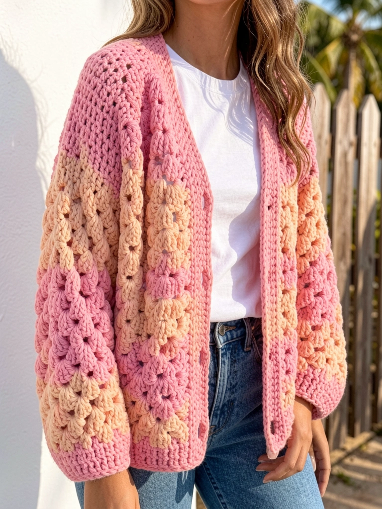 Mulher com cardigã de crochê oversized em gradiente rosa e pêssego, com textura de pontos grandes, sobre camiseta branca e jeans azul. Fundo de parede branca e cerca de madeira desfocada, luz natural.