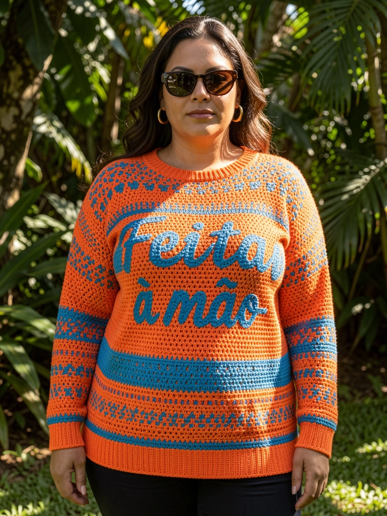 Mulher plus size com suéter de crochê laranja e azul com inscrição 