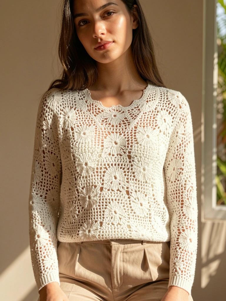 Jovem em suéter de crochê branco com padrão floral e calça bege, luz natural filtrada e parede bege ao fundo.