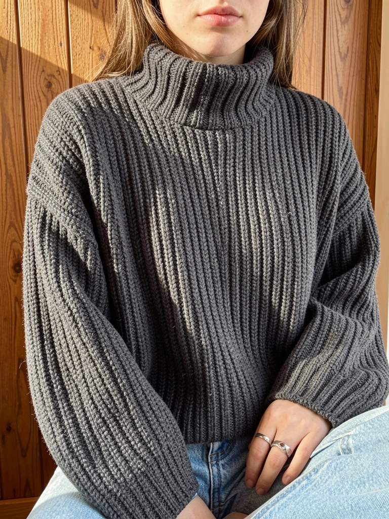 Jovem com suéter cinza escuro de tricô grosso e gola alta, jeans claro e anel de prata, fundo de madeira texturizada com luz natural suave.