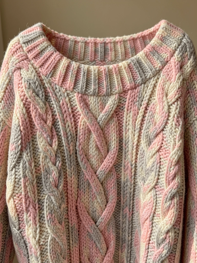 Suéter de tricô grosso em gradiente pastel com gola canoa e tranças detalhadas, luz natural difusa e fundo bege neutro.