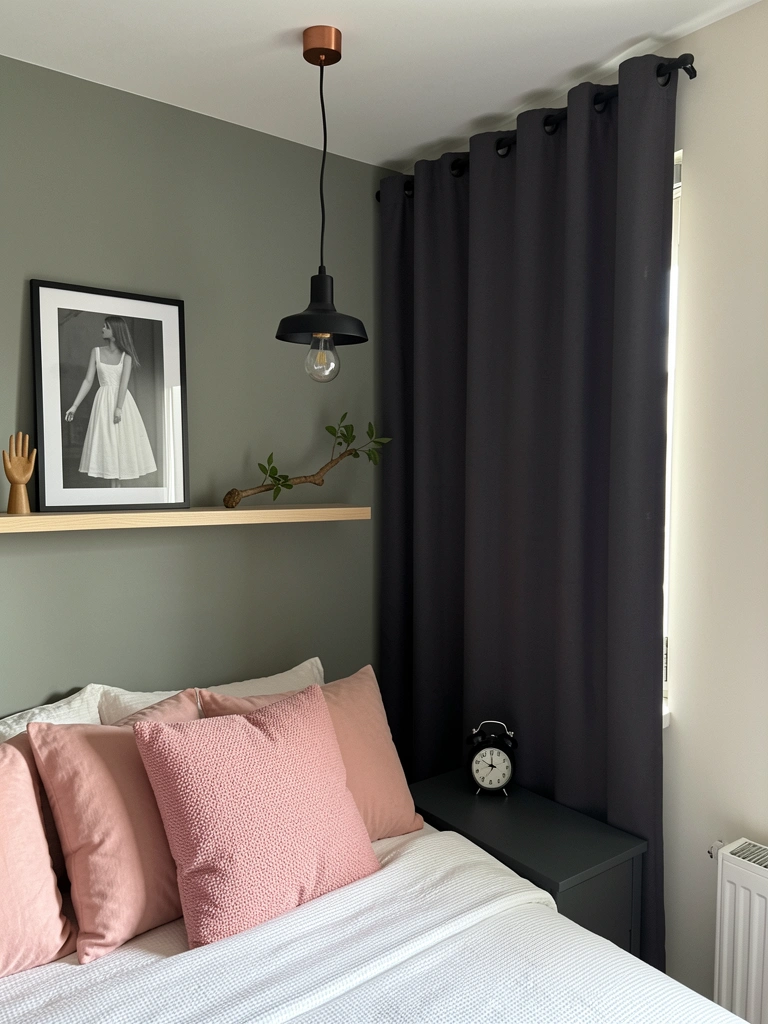 Parede pintada em verde menta claro com cabeceira de madeira e roupa de cama branca
