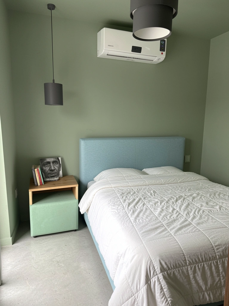 Parede pintada de verde menta claro com cabeceira de madeira e roupa de cama branca.