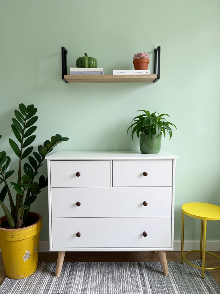 Parede pintada em verde menta claro com cabeceira de madeira e roupa de cama branca