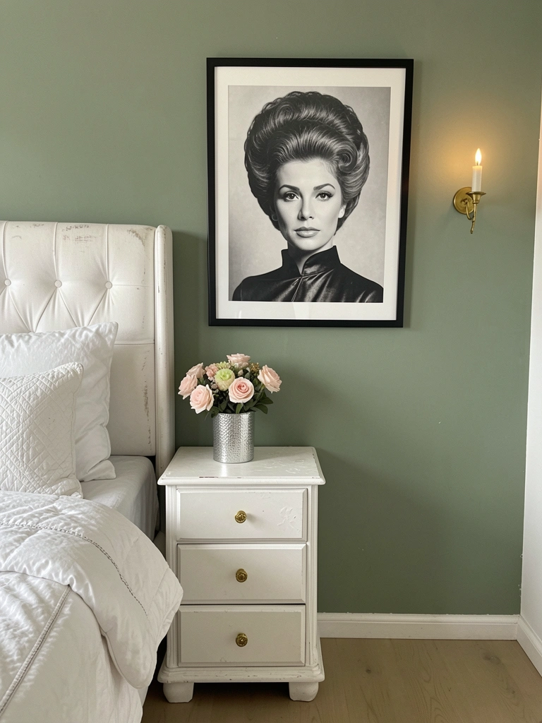 Parede pintada de verde menta com cabeceira de madeira clara e roupa de cama branca.