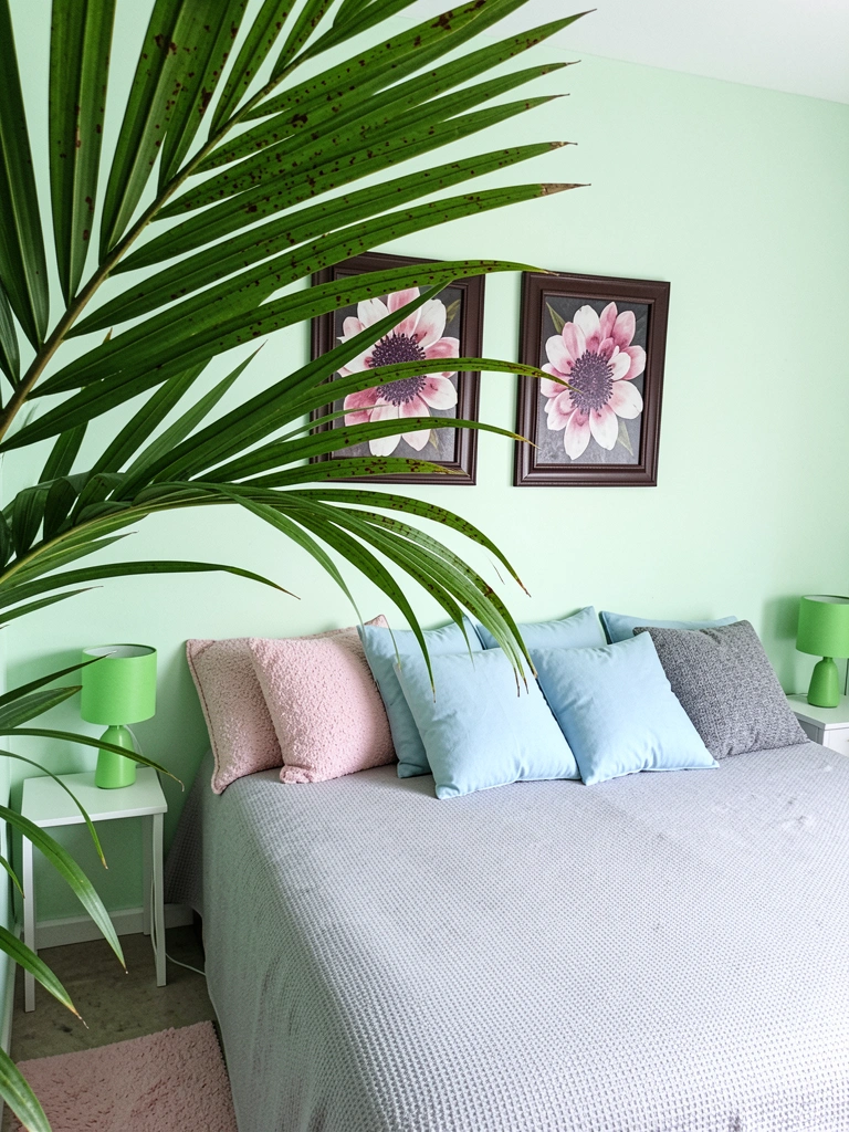Quarto com paredes verde-menta, cama de madeira clara com roupa de cama branca e abajur de palha sobre criado-mudo.