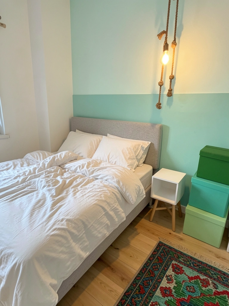 Cama de casal com roupa de cama branca e parede pintada em verde menta claro, com abajur de mesa e cabeceira de madeira.