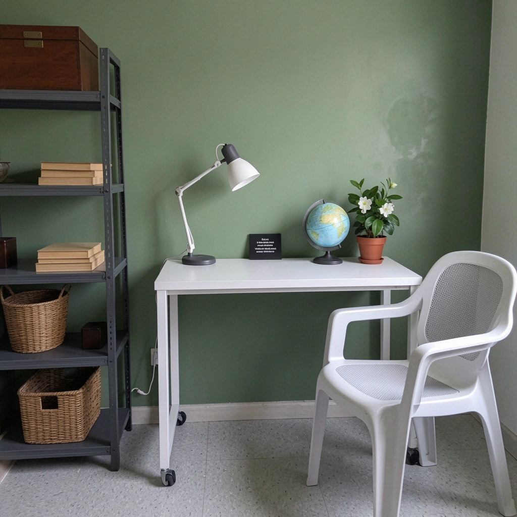 Parede pintada em verde menta claro com cabeceira de madeira e roupa de cama branca