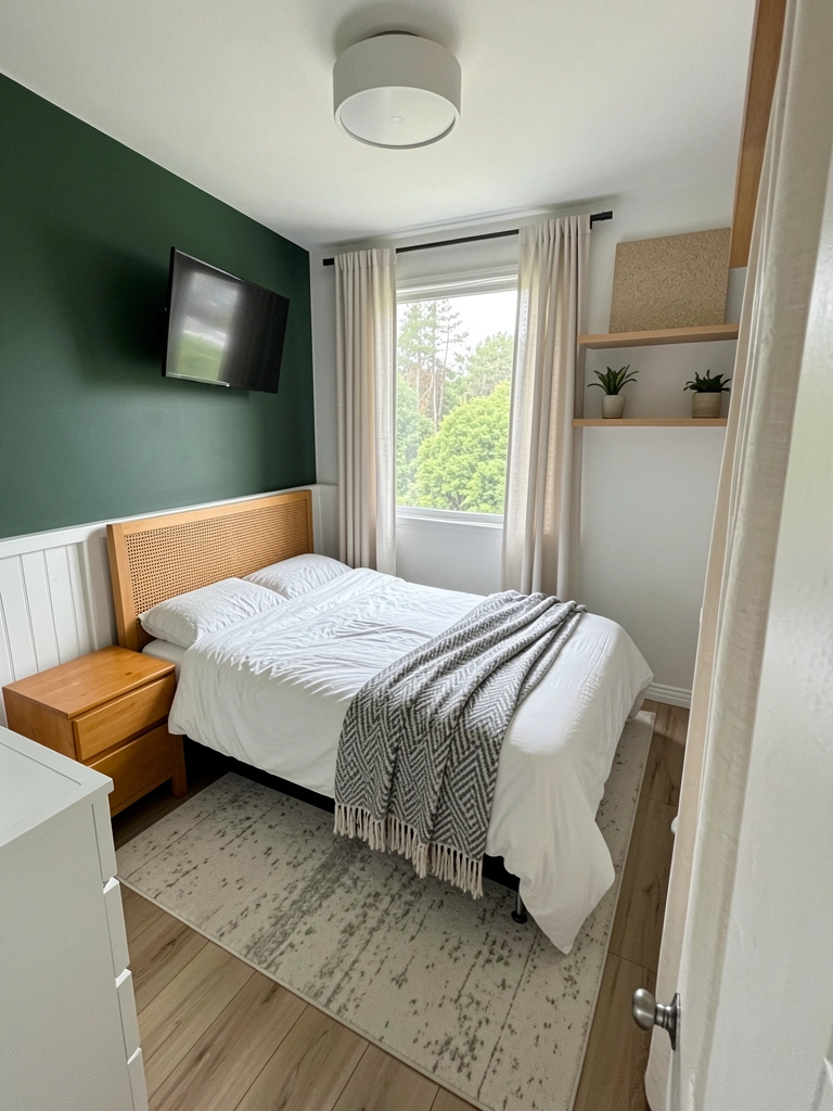 Quarto com parede verde menta, cama de madeira clara, roupa de cama branca e abajur de palha sobre criado-mudo.