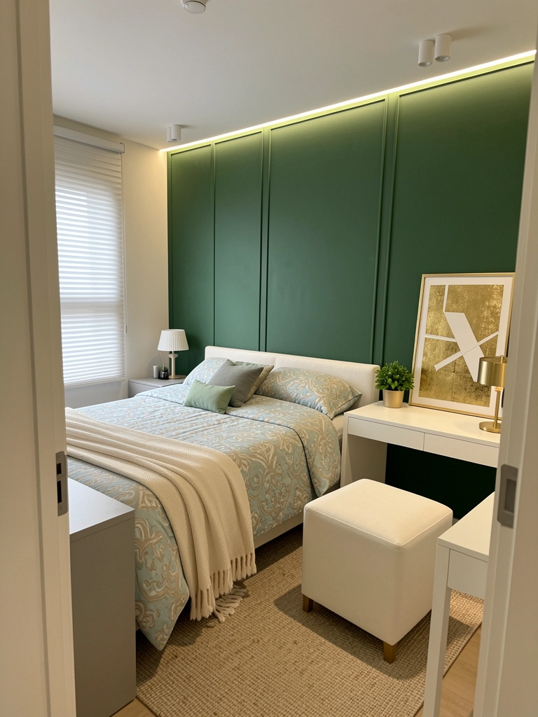 Parede pintada de verde-menta com cabeceira de madeira e roupa de cama branca sob luz natural.