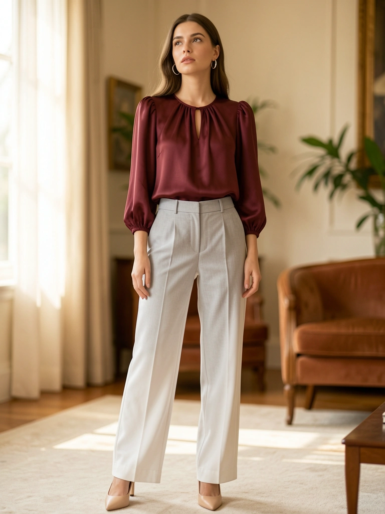 Mulher com blusa marsala de seda e calça cinza clara, luz natural suave, brincos de prata e sapatos nude.