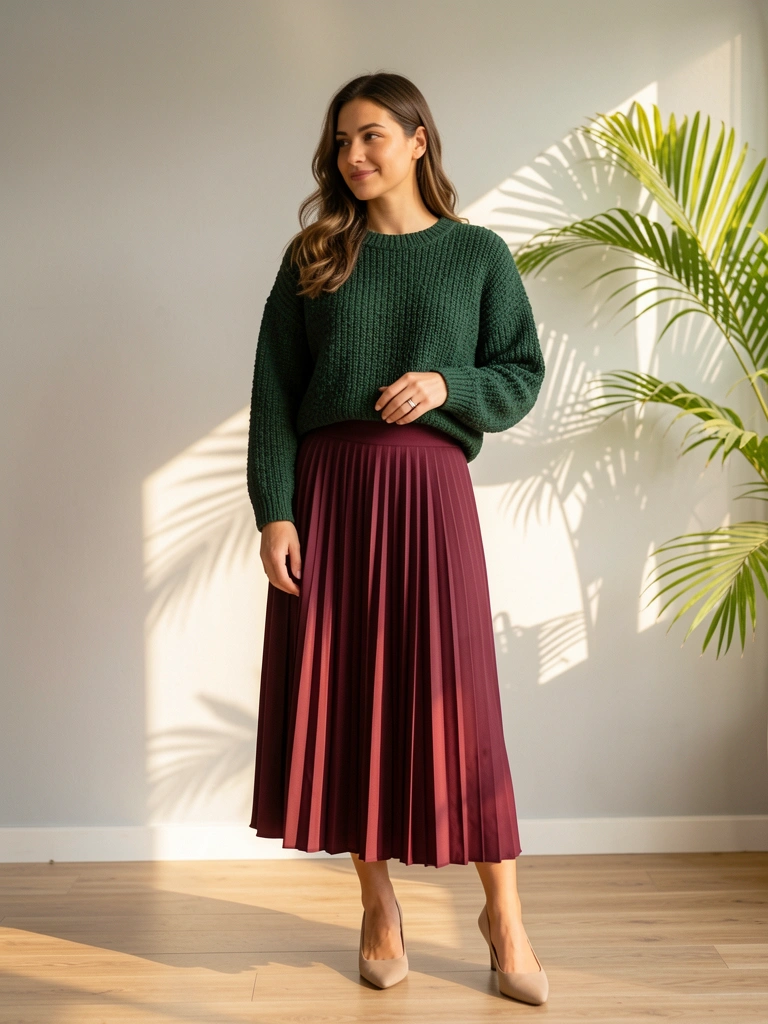 Mulher de top verde escuro texturizado e saia vinho plissada em sala clara com luz natural filtrada, parede cinza e piso de madeira.