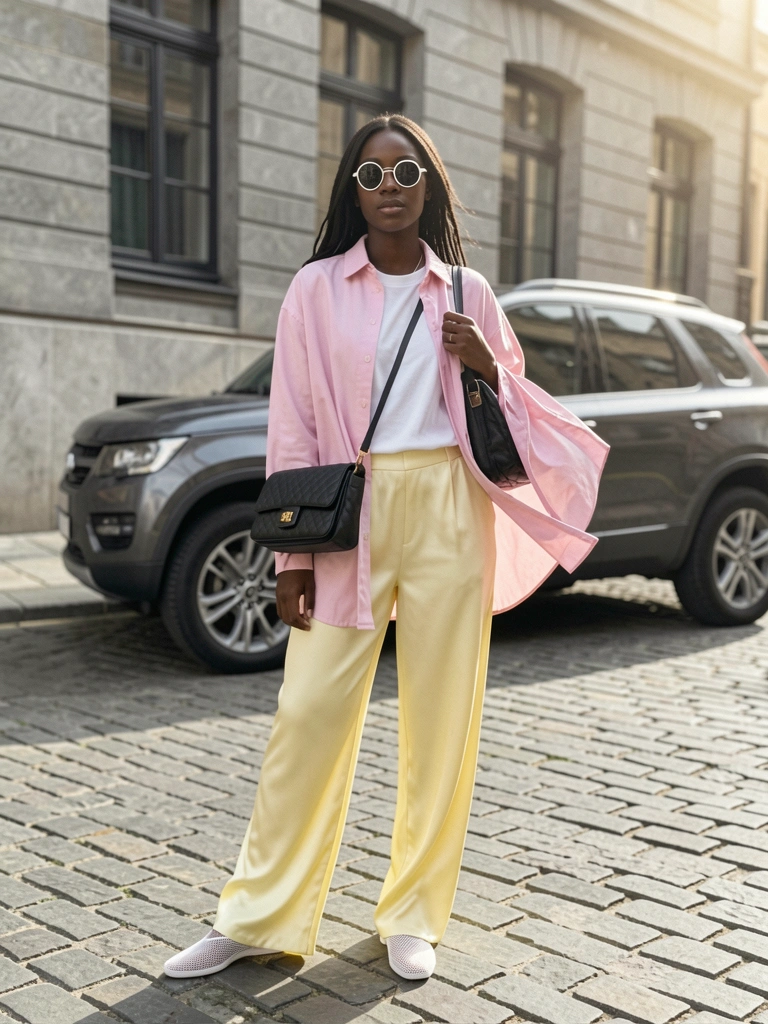 Jovem negra de camisa rosa clara e calça amarela sedosa em rua de paralelepípedos, bolsa preta acolchoada, óculos redondos brancos, SUV cinza ao fundo, edifício europeu desfocado.