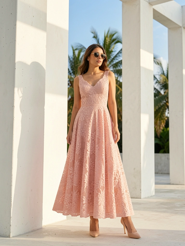 Vestido blush de renda floral com corpo ajustado e saia fluida, óculos dourados e salto nude, contra pilares de concreto e céu azul, luz natural.