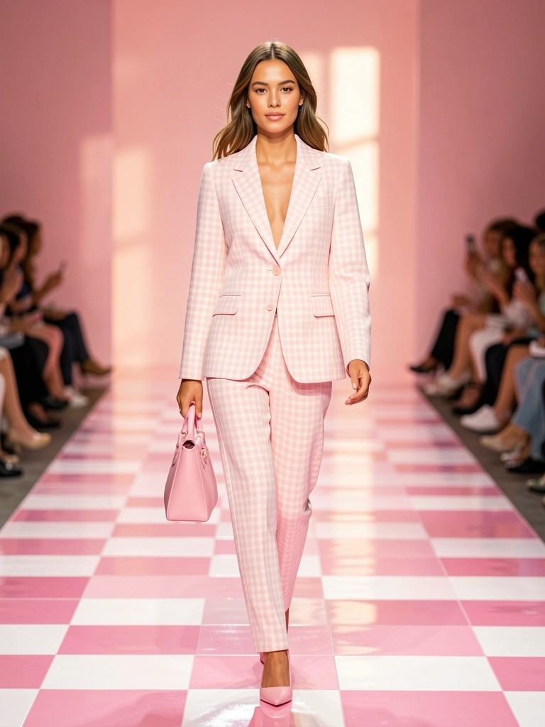 Mulher em terno xadrez rosa e branco caminha em passarela xadrez rosa sob luz natural suave, bolsa rosa a tiracolo.