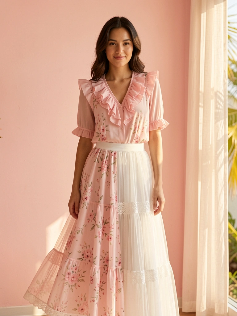 Mulher com blusa rosa claro franzida e saia midi branca com renda, em pé em quarto com parede rosa e luz natural quente.
