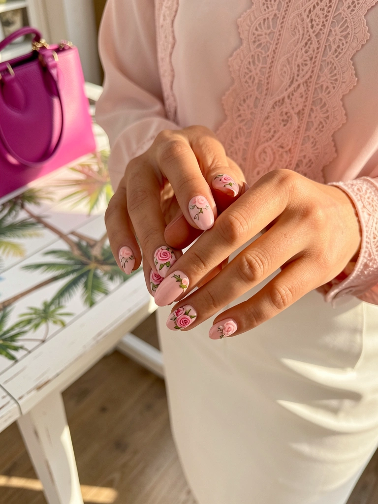Mãos femininas com unhas decoradas em rosa bebê e florais, blusa rosa clara com renda, bolsa magenta sobre mesa de madeira branca com estampa de palmeira.