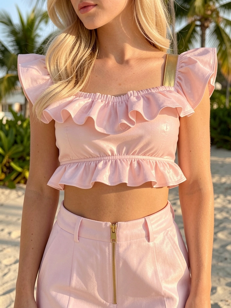 Jovem com top rosa claro de babados e calça de cintura alta, fechos dourados, luz natural e fundo tropical.