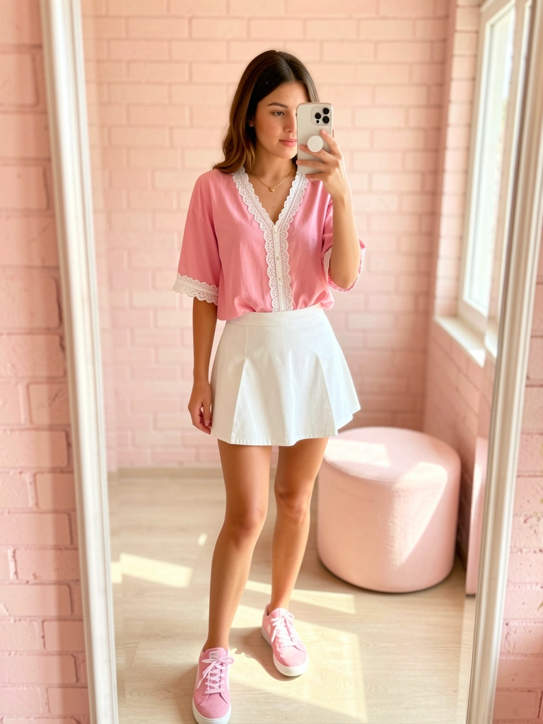 Mulher de blusa rosa com renda branca segurando smartphone em selfie, refletida em espelho, paredes de tijolo rosa claro e otomana rosa pálido, luz natural.
