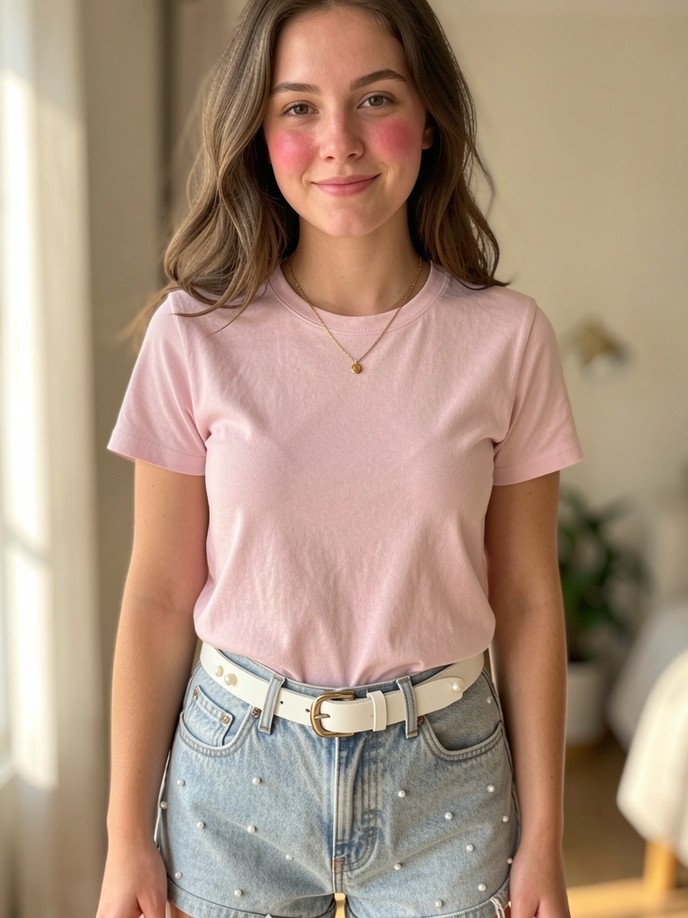 Jovem de cabelo solto, camiseta rosa claro, colar dourado fino e jaqueta jeans clara, sorriso sutil sob luz natural suave.