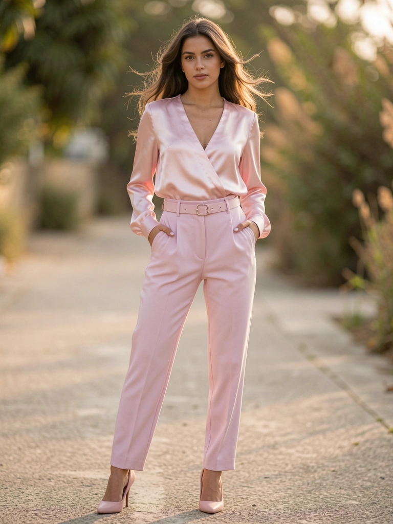 Jovem de blusa cetim rosa claro e calça alfaiatada de cintura alta, mãos nos bolsos, luz natural difusa e fundo com leve brisa.