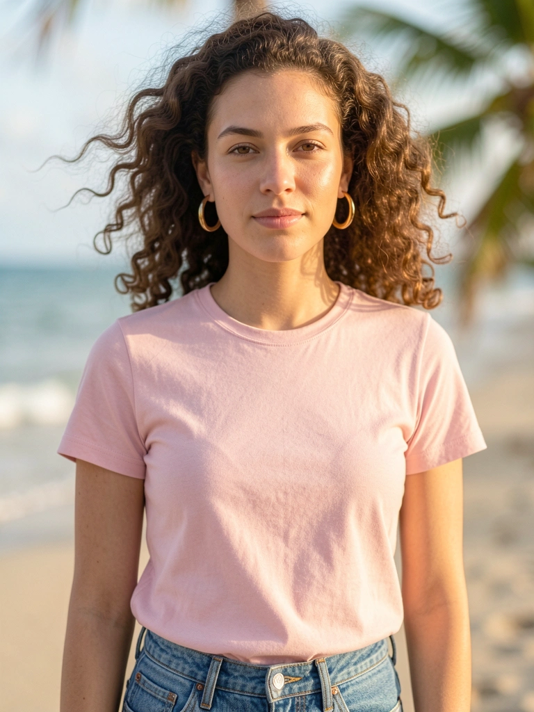 Mulher de cabelo cacheado e brincos argola, camisa rosa clara e jeans, luz natural quente e fundo desfocado.