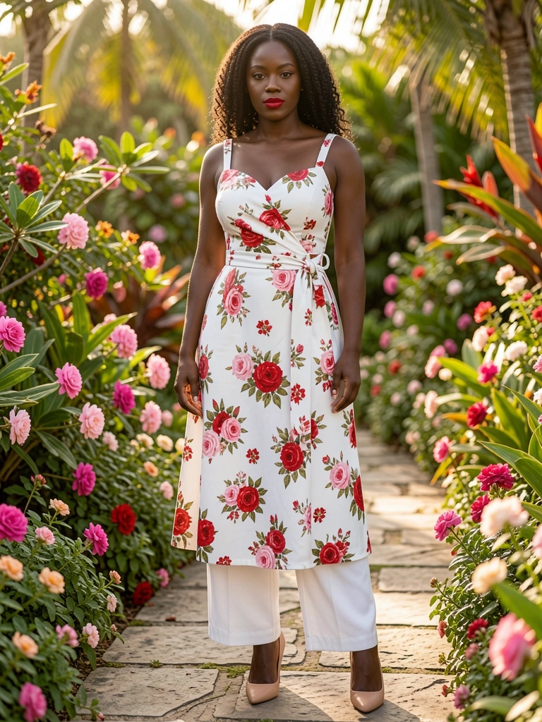 Vestido floral branco com rosas vermelhas e rosas em mulher negra, salto nude e batom vermelho, jardim exuberante com caminho de pedra, luz natural quente.
