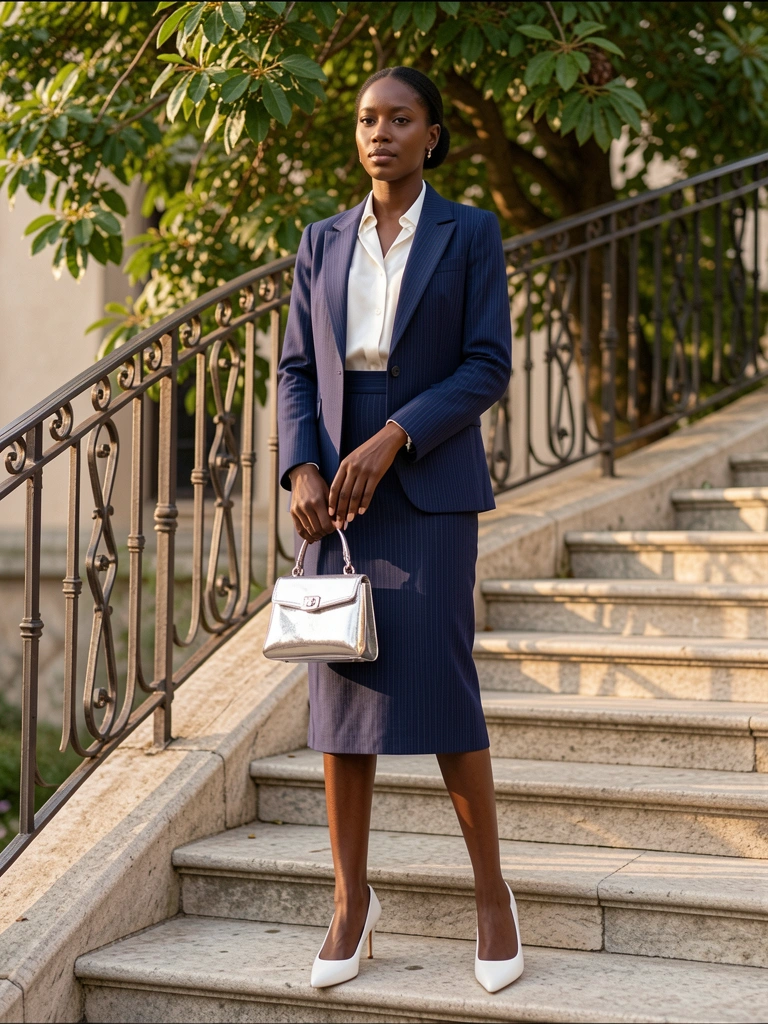 Mulher negra de terno azul-marinho listrado e bolsa prateada em escadaria de pedra com corrimão de ferro, luz natural e folhagem verde ao fundo.