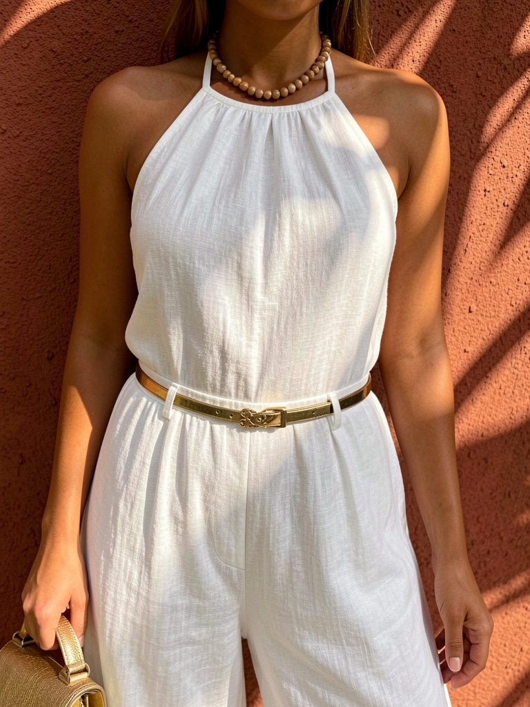 Close-up de mulher com macacão de linho branco, cinto dourado e colar de contas, bolsa dourada ao lado, parede texturizada marrom-avermelhada e luz natural tropical.