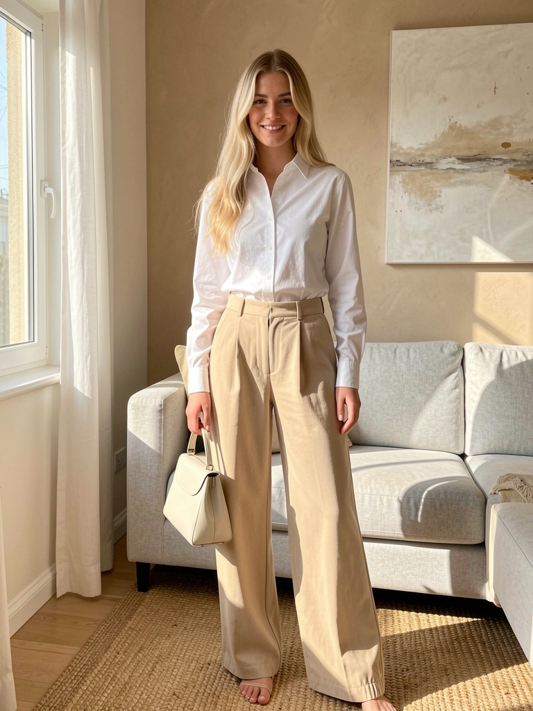 Luz natural incide sobre mulher de camisa branca e calça bege de cintura alta, segurando bolsa off-white, com parede texturizada e pintura abstrata ao fundo.