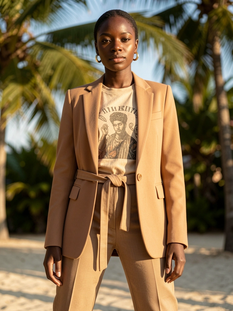 Jovem negra de terno xadrez bege claro com cinto, camiseta gráfica e brincos de argola, olhar confiante sob luz natural.