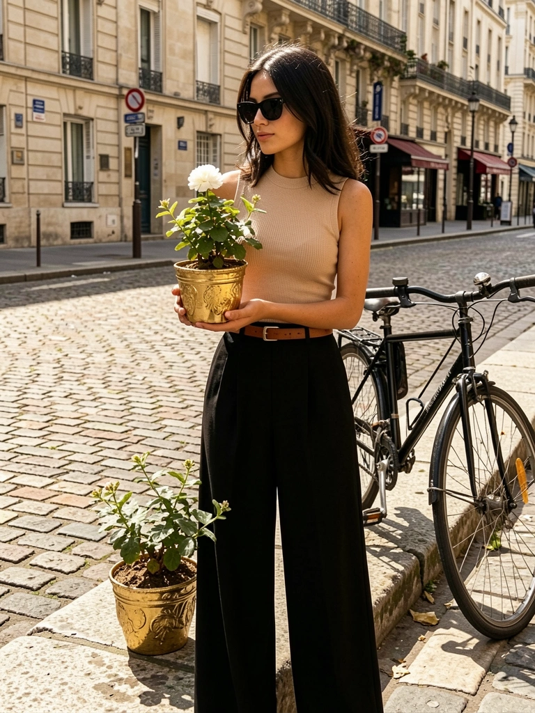 Mulher de top bege e calça preta segurando vaso dourado com flor branca em rua de paralelepípedos, bicicleta estacionada, luz natural.