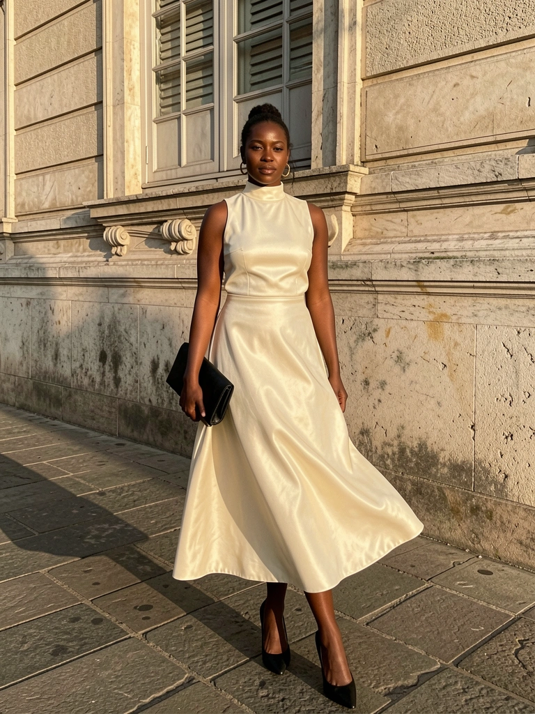 Mulher negra de saia midi creme e brincos dourados em frente a fachada ornamentada de pedra, luz do sol projetando sombras no chão.