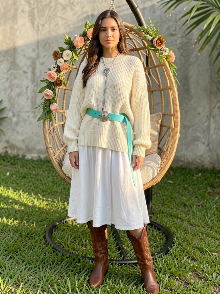 Jovem com suéter creme western, vestido branco, cinto turquesa e botas cowboy em frente a cadeira de vime com flores, luz natural.