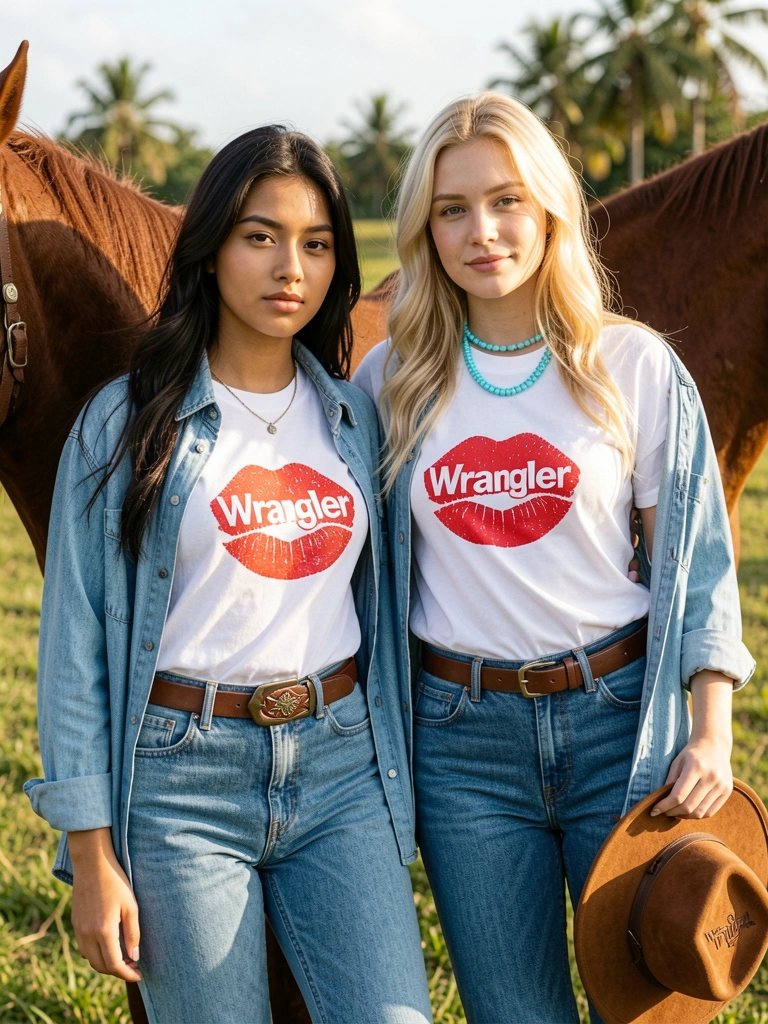 Duas jovens em jeans e camisetas com estampa de batom encostadas em um cavalo marrom, campo gramado ao fundo, luz natural do dia.