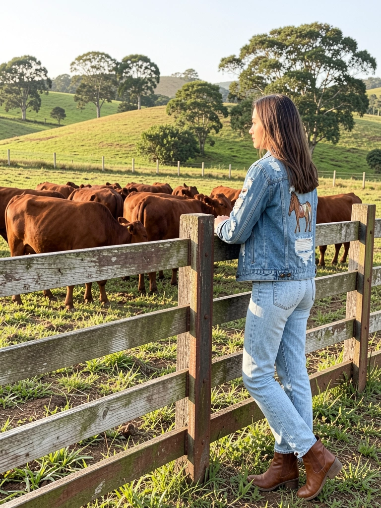 Moça de jaqueta jeans com bordado de cavalo encostada em cerca de madeira rústica, olhando para gado pastando em colinas verdes sob luz natural intensa.