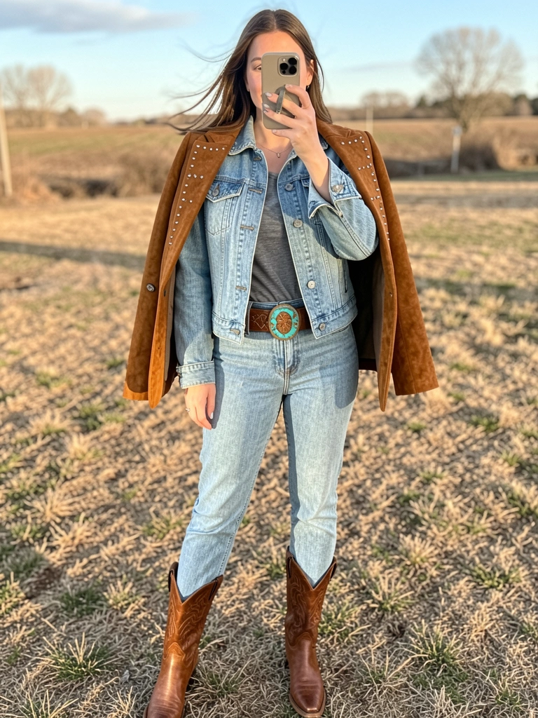 Mulher em jaqueta jeans e botas marrons tira selfie ao ar livre, com blazer de camurça e cinto de couro com fivela turquesa, luz natural e fundo campestre.