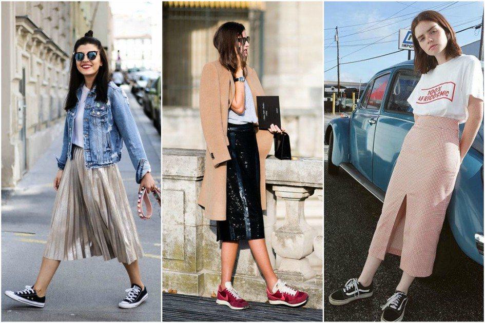 look saia midi rodada com tênis
