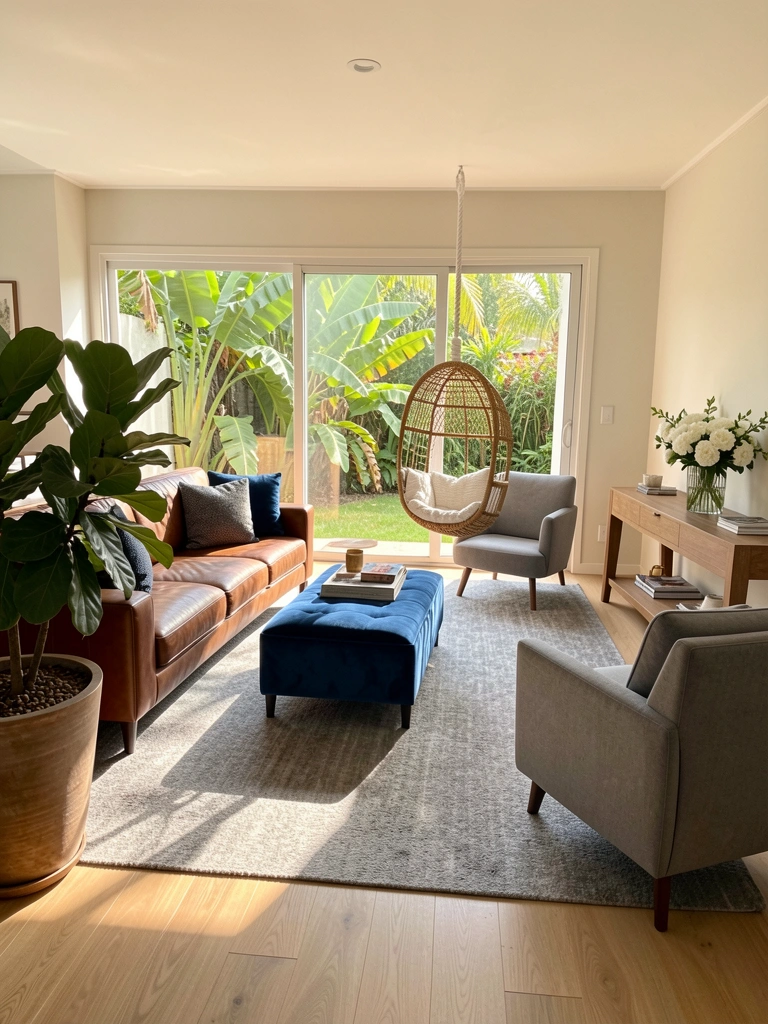 Sofá de couro marrom, pufe azul veludo e poltrona cinza estofada em sala com piso de madeira clara e luz natural vinda de porta de vidro.