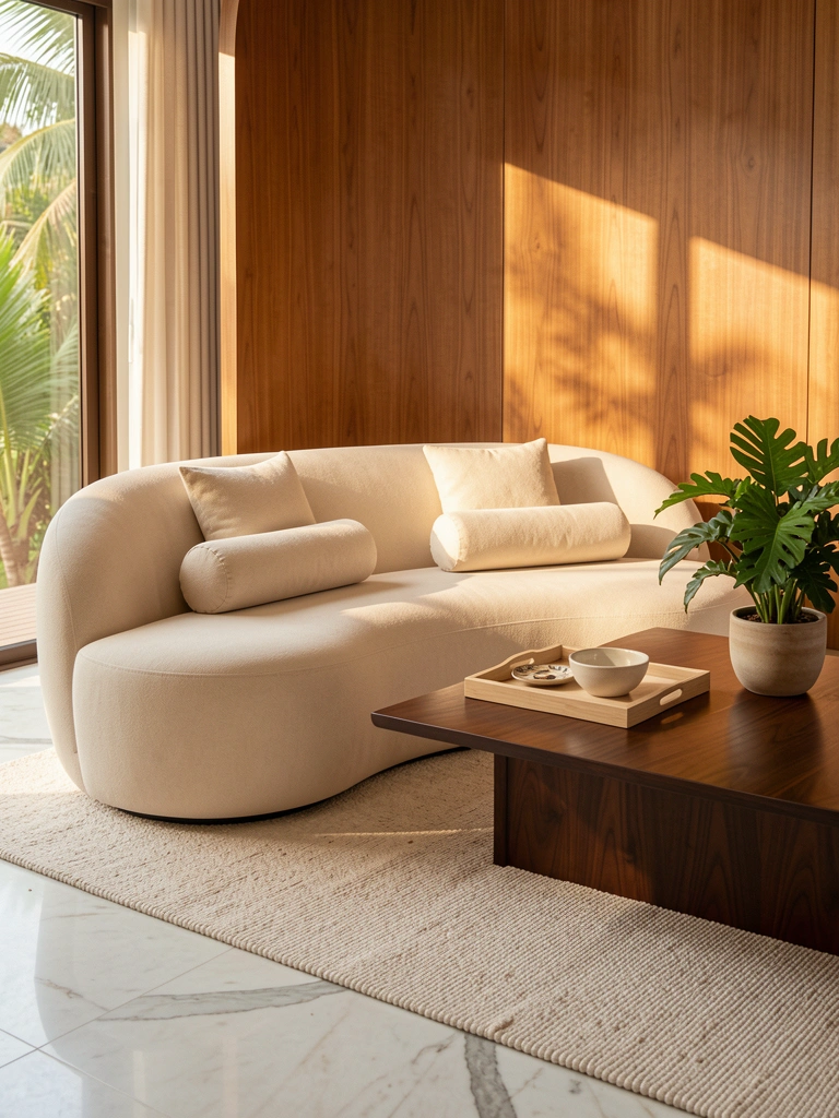 Luz natural incide sobre sofá bege arredondado com almofadas cilíndricas, mesa de madeira escura com bandeja clara e vaso de folhas verdes, piso de mármore e painel curvo de madeira.