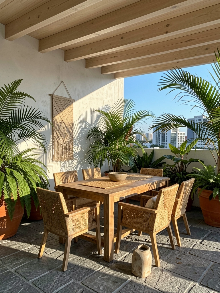 Luz natural incide sobre mesa rústica com assentos de vime, plantas tropicais em vasos de terracota e parede de concreto branco.