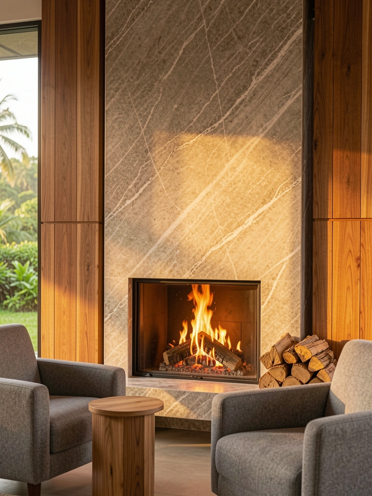 Lareira de mármore texturizado com veios sutis, fogo crepitante, poltronas cinzas e pilha de lenha ao lado, luz natural quente.