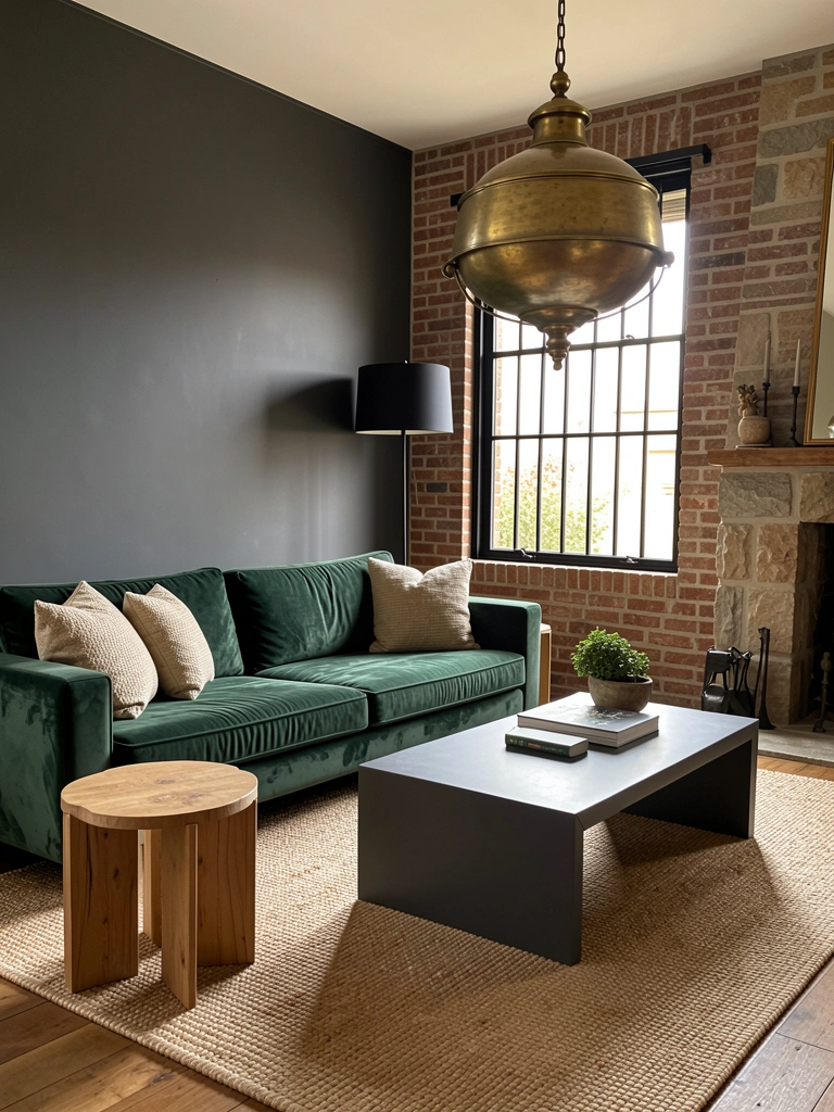 Sofá verde-escuro, mesa de centro cinza, abajur preto alto e luminária pendente de latão em sala com parede texturizada e luz natural.